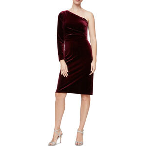 Alex Evenings Velvet One Shoulder Midi Sheath Cocktail Dress Wine Red Size 8